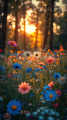 Obraz premium A field of flowers with a bright sun in the background. The sun is shining on the flowers, making them look even more beautiful