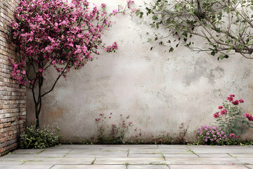 Pink Flowers Blooming Against Weathered Brick and Stone Wall