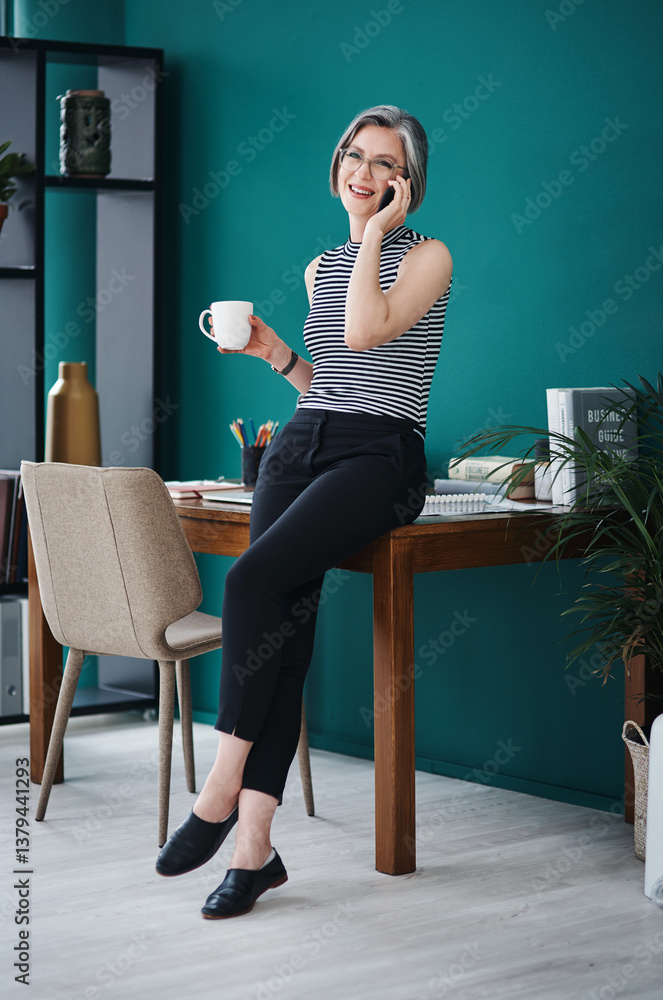Aufkleber coffee, phone call and thinking with designer woman on green background in office for communication.