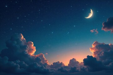 Vintage starry night sky with scattered clouds and crescent moon, crescent moon, sky, clouds