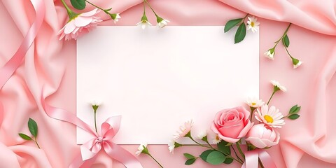 High-resolution stock photo. Overhead bird’s eye view.  Blank Mother’s Day card mockup with pastel flowers, ribbons, and pink fabric backdrop. Top-down perspective. Commercial quality