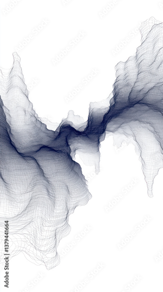Poster a blue and white image of a wave with a white background. the image is abstract and has a moody, mys