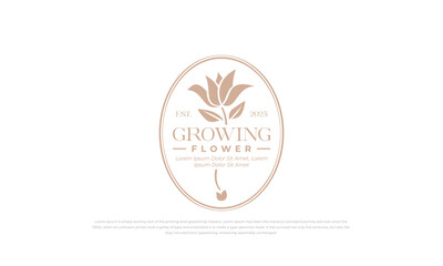 badge, emblem, sign, stamp style logo for GROWING FLOWER with hazelnut color. classic vintage style.