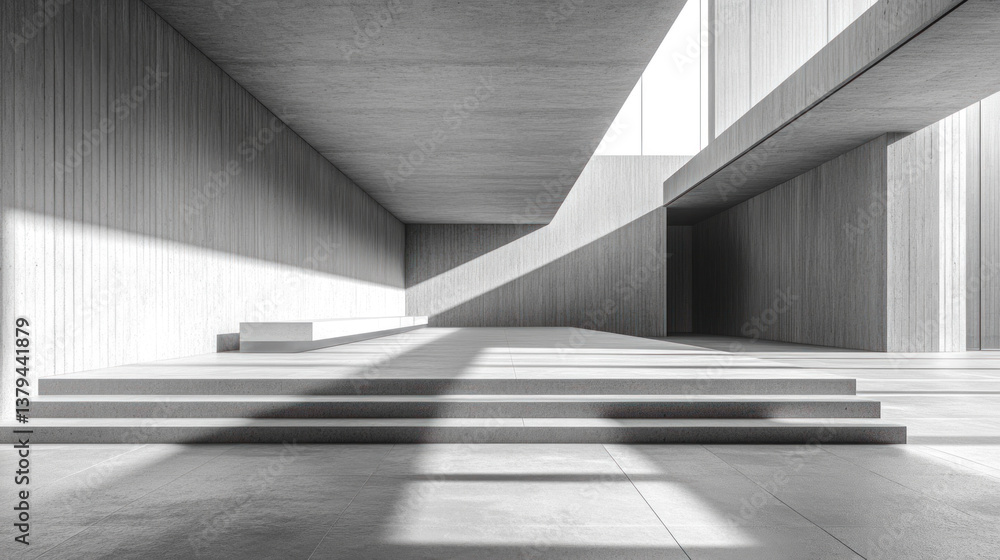 Poster a large, empty room with a staircase and a bench. the room is mostly grey and has a very minimalisti