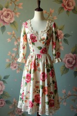 Naklejka premium Vintage-inspired dress with floral pattern and lace details , #DistressedLace, #FloralPattern, #VintageInspired