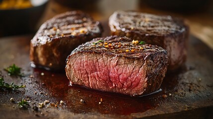 Delicious cuts of round beef steak perfectly seasoned on a wooden board, inviting a tasty and elegant dining experience. Mouthwatering!