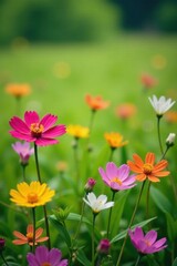Fototapeta premium Vibrant wildflowers amidst a lush green meadow, landscape, garden, insects