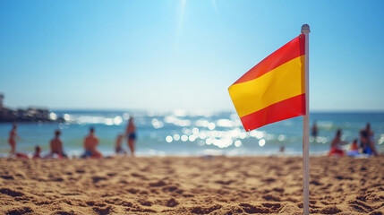 Spanish flag on sandy beach with blurred bathers and ocean.