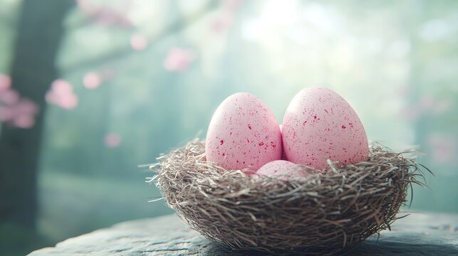 A small nest with speckled pink eggs in a soft setting