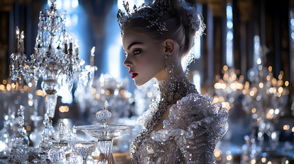 Portrait of a Woman in an Elegant White Gown Amidst Crystal Chandeliers