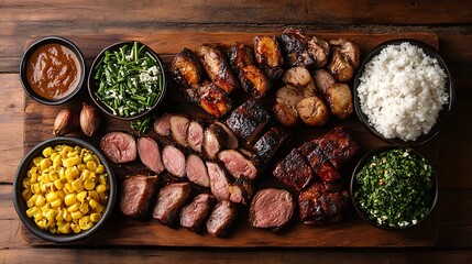 An enticing, colorful spread of grilled meats and sides, elegantly displayed on a wooden serving board for a delicious and visually appealing feast.