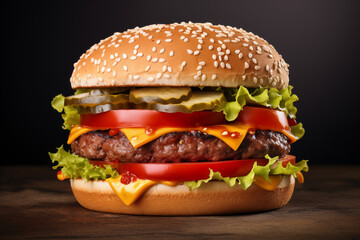 Double Cheeseburger with Lettuce, Tomato and Pickles on Dark Background