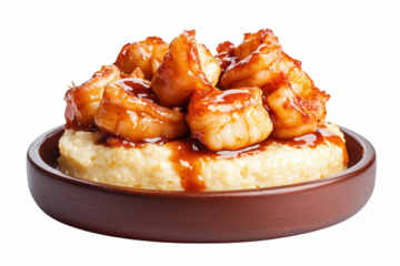 PNG A platter of southern-style shrimp and grits featuring tender shrimp served over creamy grits for a hearty and flavorful meal experience Transparent background