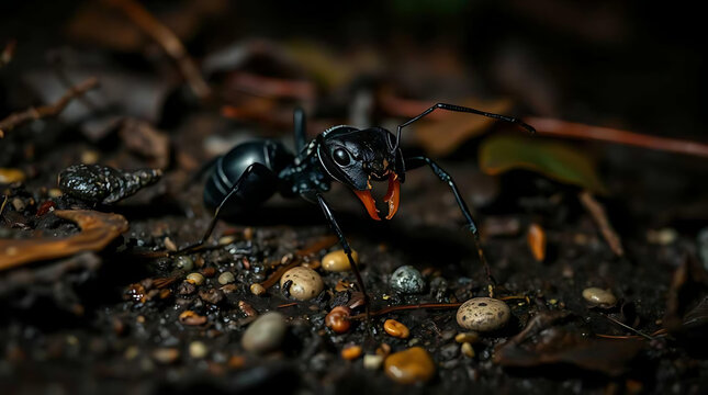 Close-up of an Odontomachus bauri ant on damp tropical earth