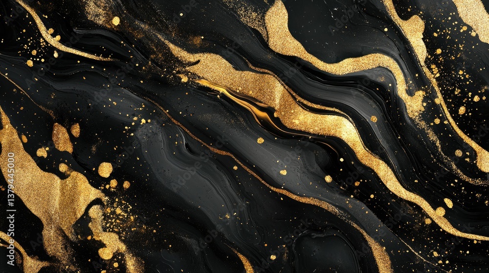 Poster abstract black and gold marbled texture featuring flowing patterns and shimmering metallic accents. 