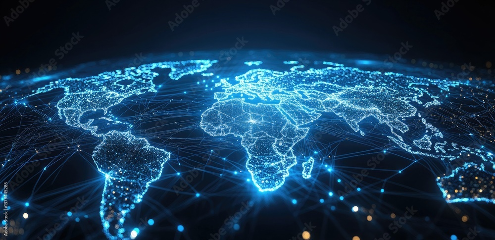 Poster a detailed digital illustration of a global network. showcasing interconnected nodes and data flow o