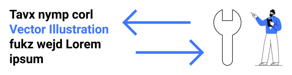 Arrows connecting text, a wrench, and a professional pointing emphasize workflow, task management, and guidance. Ideal for work planning, operations, efficiency, tools training improvement simple
