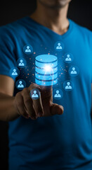 glowing Businessman touching real time database icon surrounded,A futuristic holographic interface displaying a vibrant database with connected user profiles, as a person interacts to manage data seam