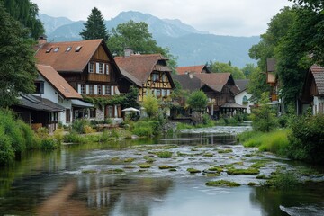 Obraz premium Beautiful historic village with half-timbered houses and a flowing stream