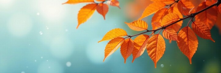 Naklejka premium Tree branch with vibrant orange leaves hanging from it , , nature illustration, fall foliage