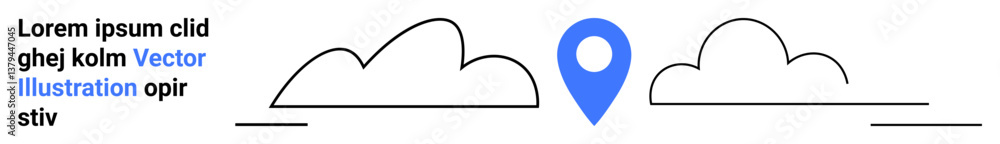 Poster blue location pin centered between minimal line art clouds, emphasizing navigation, destination, and