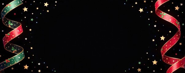 Swirl ribbons in festive colors with stars and holly patterns on a black background, holiday, banner, decorations