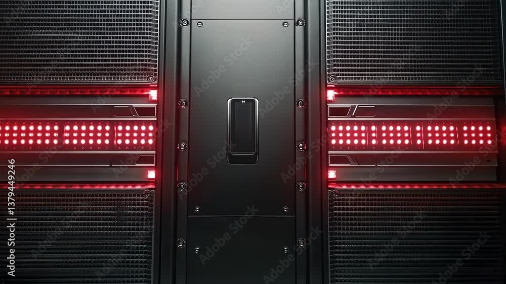 Poster a detailed closeup of a secure server rack with blinking leds cooling fans and a large security lock