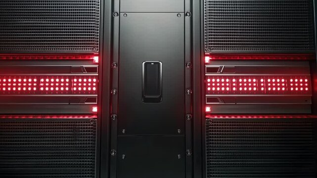 A detailed closeup of a secure server rack with blinking LEDs cooling fans and a large security lock on the front symbolizing the behindthescenes safeguarding of critical energy distribution