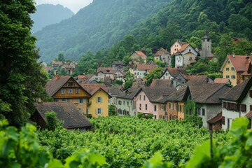Traditional colorful village in green mountains with forest background