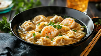 Steaming bowl of shrimp wonton soup.