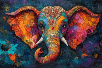 Obraz premium A colorful painted elephant with intricate ornamentation and rich detail
