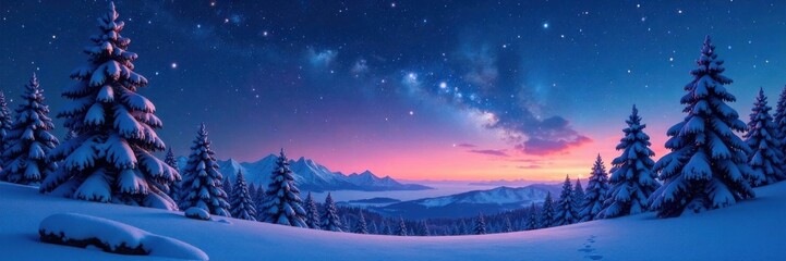 Fototapeta premium Starry night sky with snow-covered trees, winter, trees, landscape