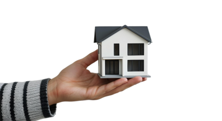 hand holding a 3d model house in transparent background