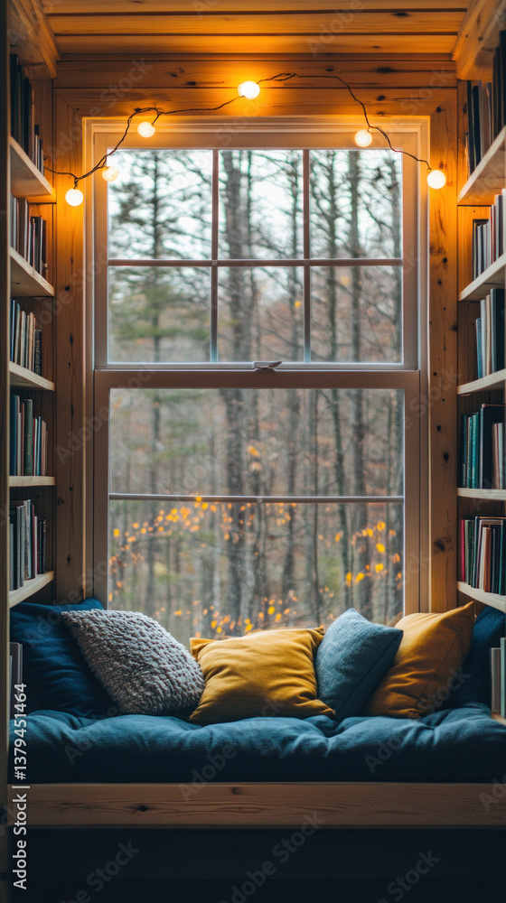 Poster a cozy reading nook with a window and a bookshelf. the window is lit up with lights and the room is 