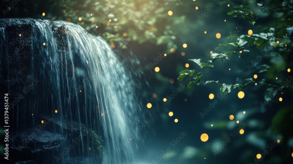 Poster bokeh background from nature showcasing a forest waterfall