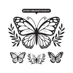 Butterfly Emblem with Foliage black silhouette

