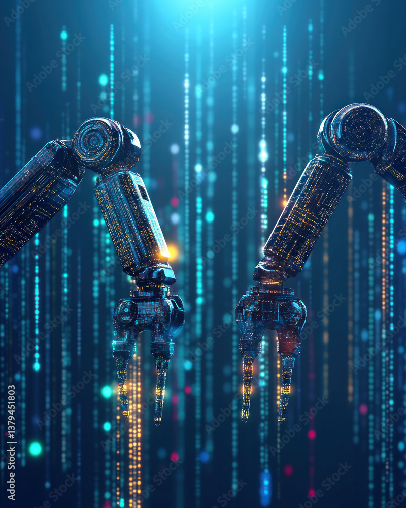 Poster two robotic arms are shown in a colorful, futuristic setting. the arms are surrounded by a series of