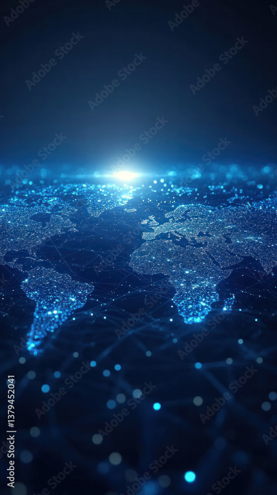 Poster a blue and white image of a globe with a bright light shining on it. the image has a futuristic and 