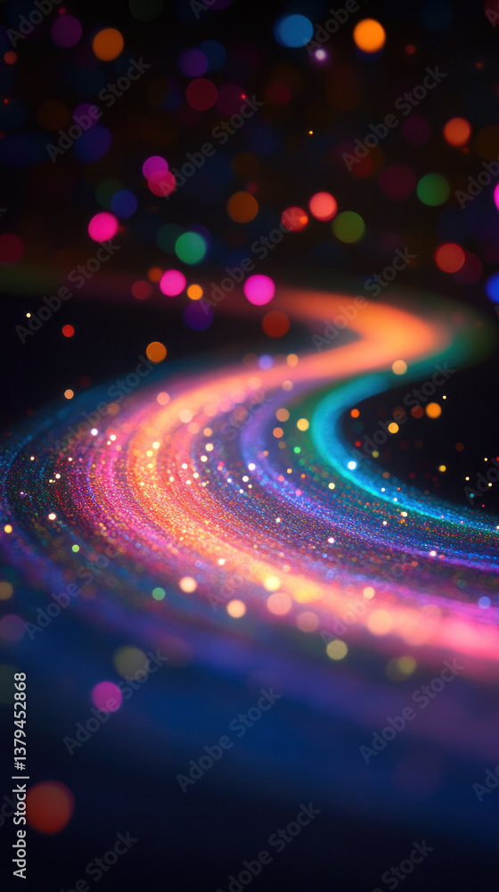 Poster a colorful line of dots that are scattered across the image. the dots are of different colors and si