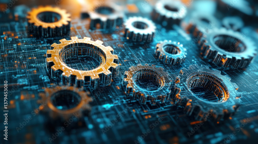 Aufkleber a close up of gears on a blue background. the gears are of different sizes and colors, and they are 