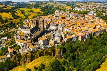 Scenic view of the city of Saint-Flour and Saint-Flour Cathedral in the Auvergne region. France