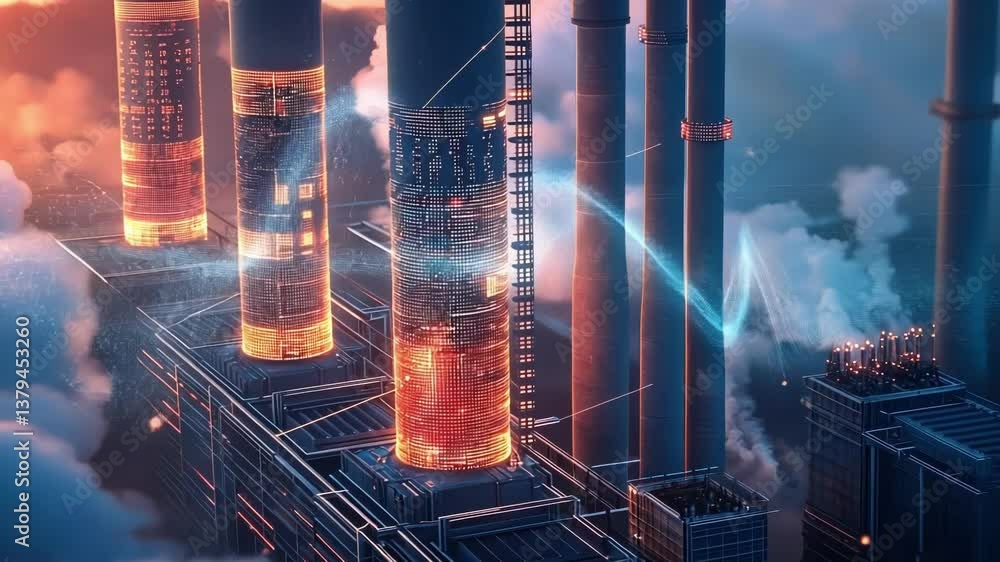 Poster futuristic power plant at dusk with glowing binary code displayed on cylindrical structures, symboli