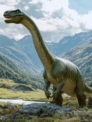 Naklejka premium Prehistoric Sauropod in Mountain Valley.