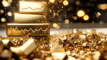 Golden bars with chart symbols next to a pile of gold