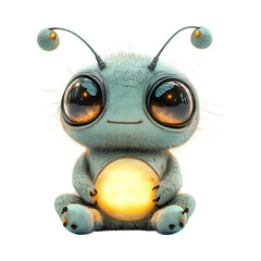 Fluffy 3D Cartoon Alien with Plush Antennae and Big Eyes Isolated on Transparent Background