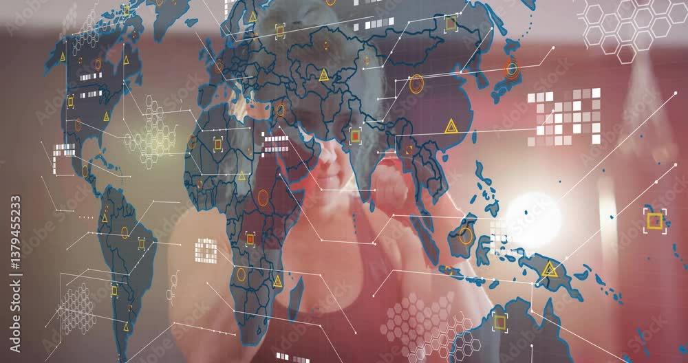 Aufkleber interacting with animation of digital world map and data visualization in school