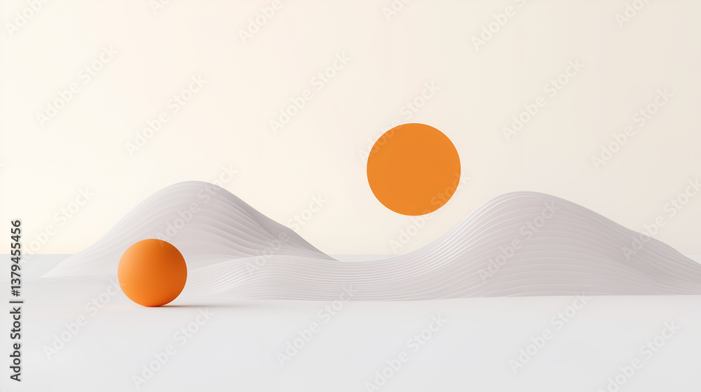Poster abstract orange circles hovering above a textured, sandy landscape. the scene is minimalist with a t