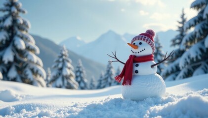 Fototapeta premium snowman surrounded by snow-covered trees and hills, frosty landscape, rolling hills, winter scenery