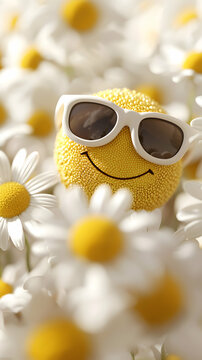 Fototapeta Smiling Yellow Face with Sunglasses in Daisy Flowers