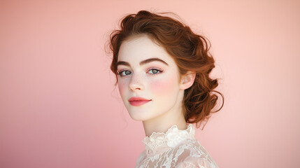 ピンク色の世界に佇むドーリーな女性